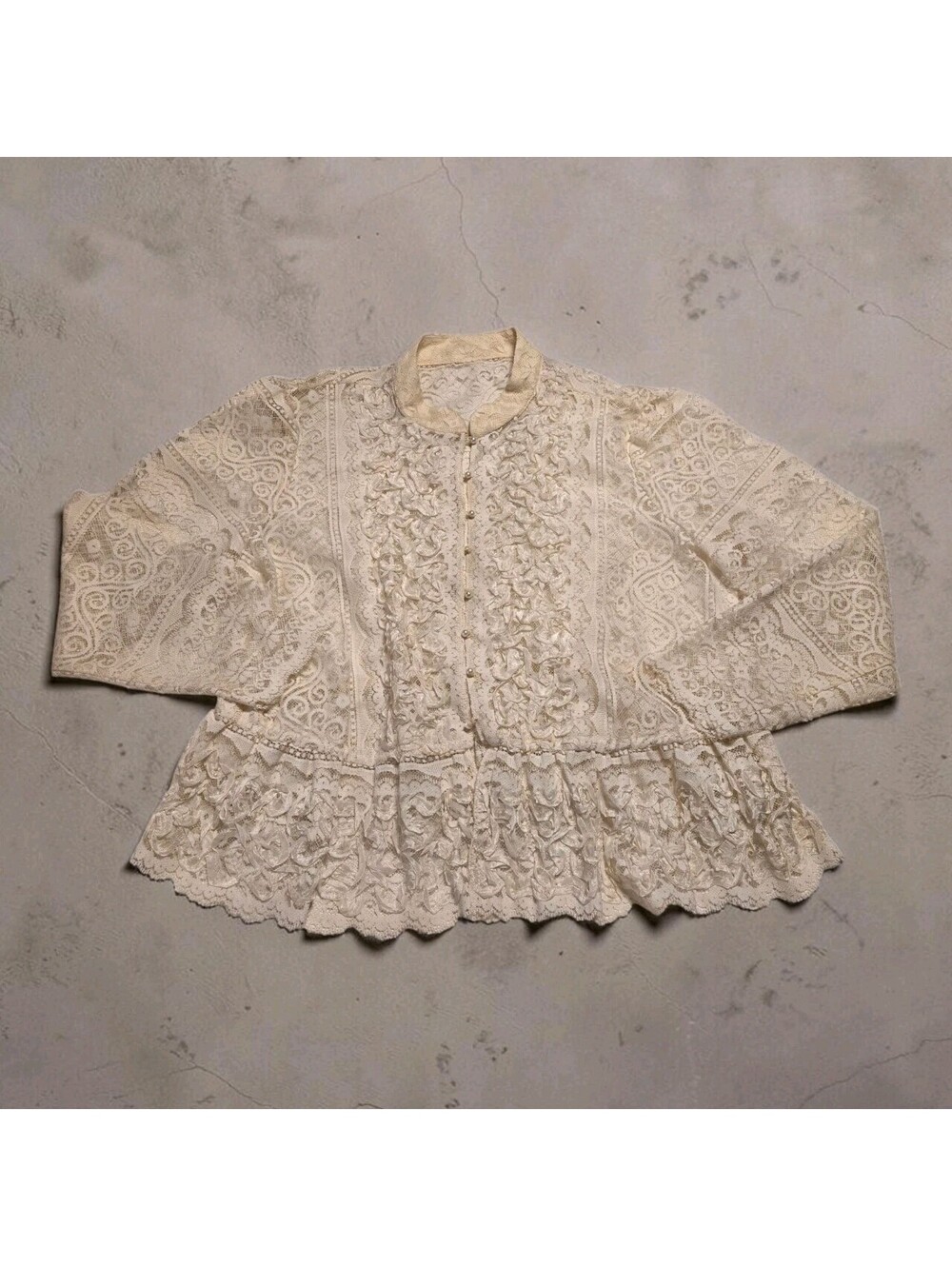 Vintage Cream Lace Peplum Blouse High Neck Victorian Steampunk Coquette 2XL